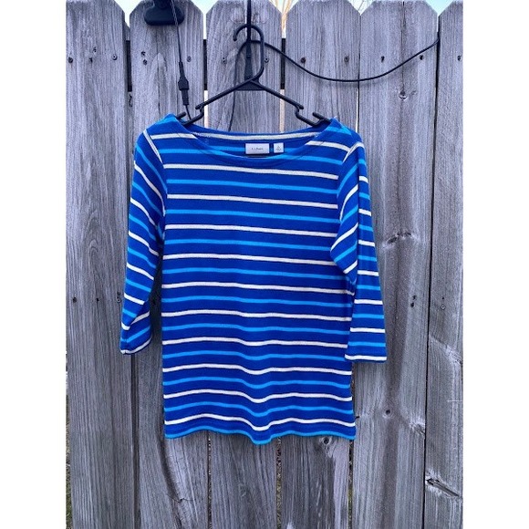 LL Bean Womens Blue Striped Cotton Boat Neck 3/4 Sleeve Top Small 501776 - Picture 5 of 5